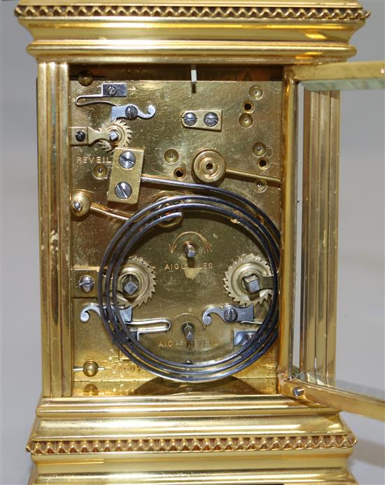 A late 19th century French hour repeating ormolu carriage clock, 6in.